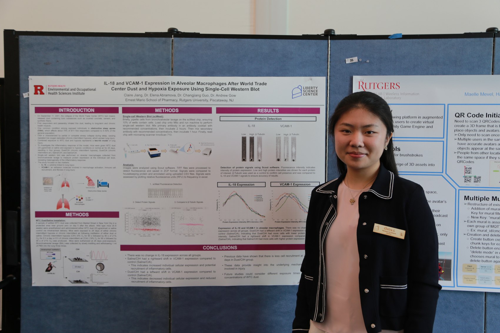 Claire Jiang presenting her Rutgers research poster on IL-18 and VCAM-1 expression
